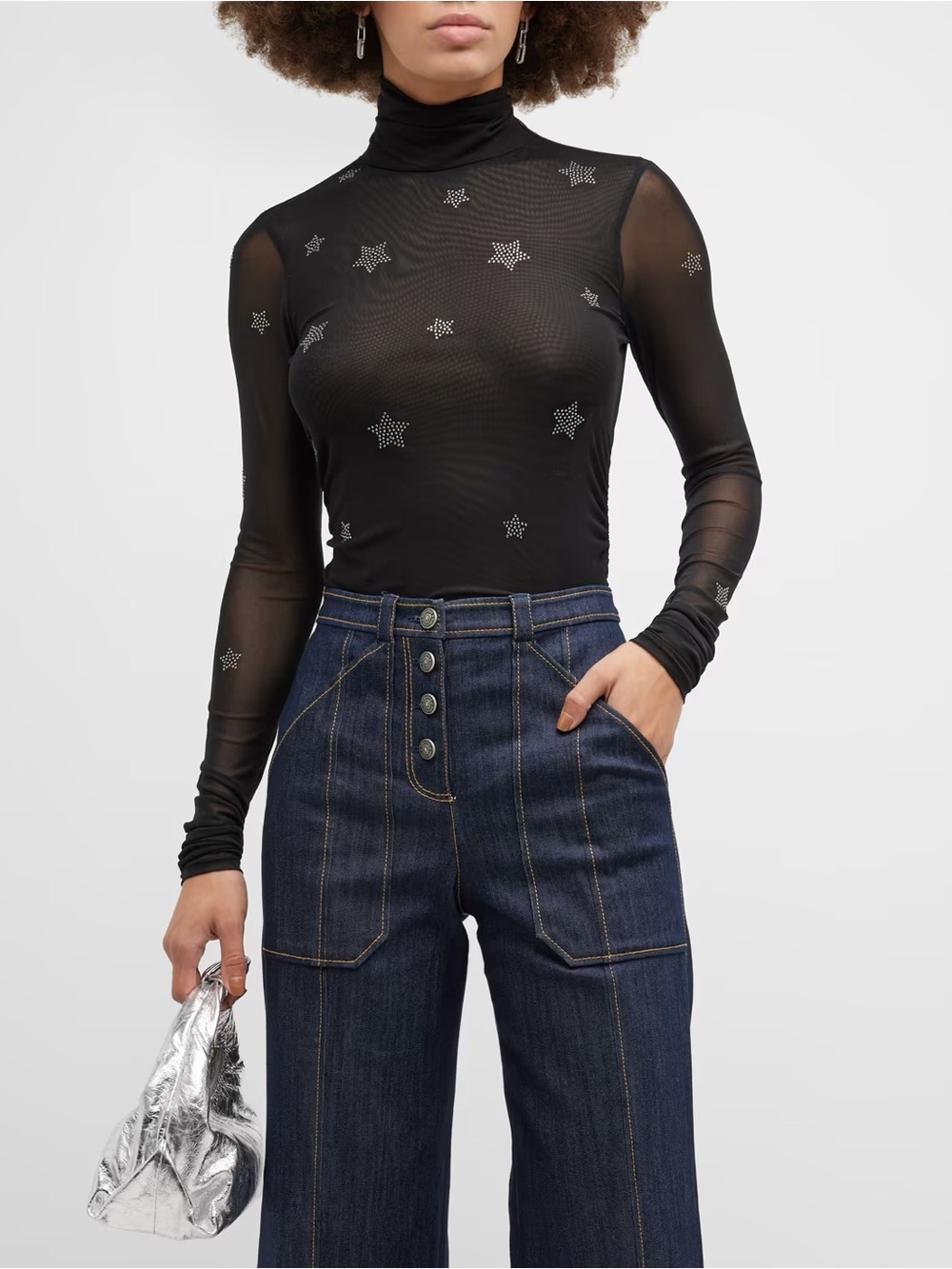 Cinq a Sept Rhinestone Star Shirred Mesh Turtleneck Long Sleeve Top Size Small